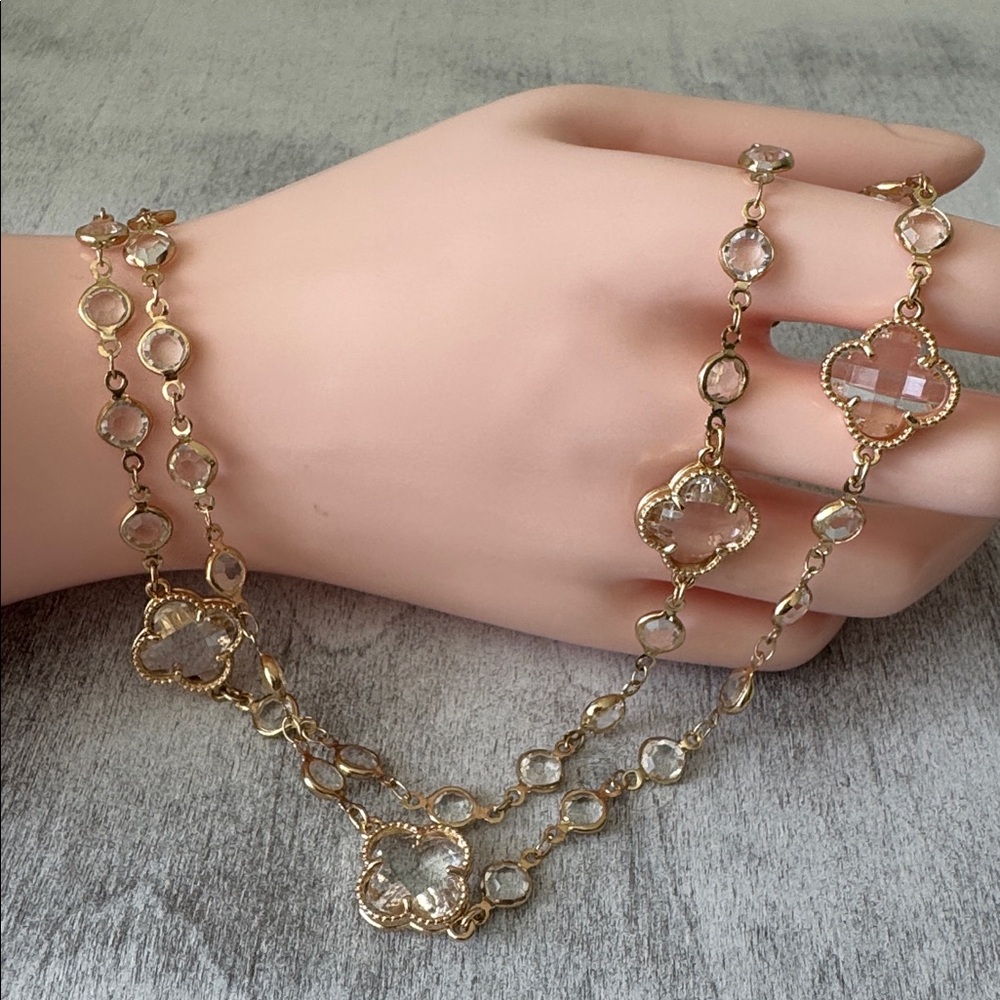 Piper K Gold Plated Necklace with Clover Clear Glass Stones 35in long